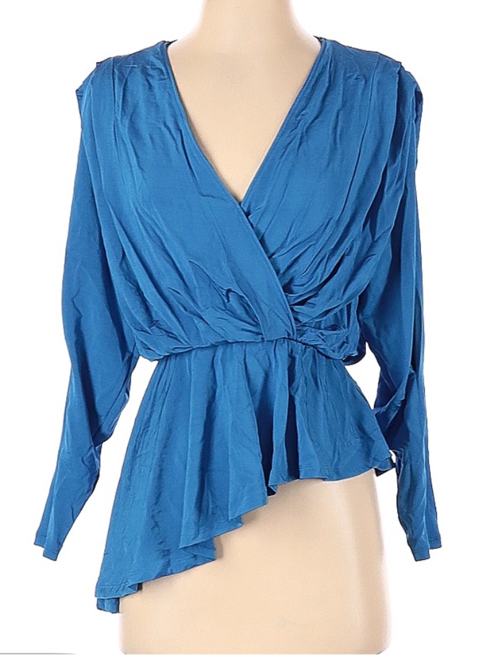 H&M Blue Draped Asymmetrical Faux Wrap Blouse